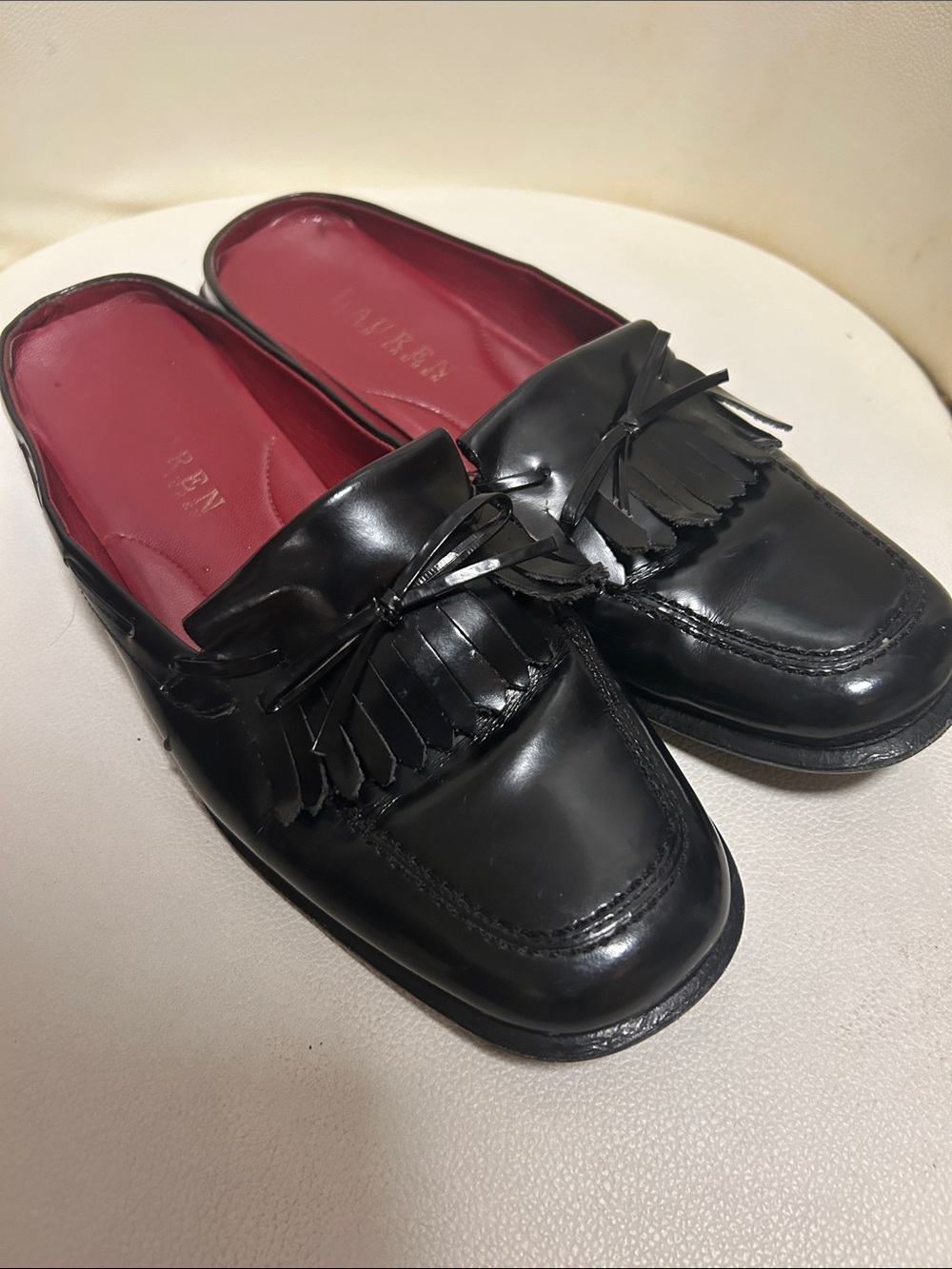 Lauren Ralph Lauren Black Leather Fringe Backless Loafers with Red Insole